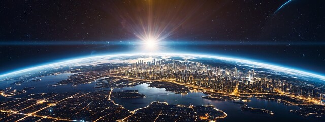 Wall Mural - The earth is seen from space with the sun rising. Globe with a panoramic view of the planet Earth from space. Luminous city lights and soft clouds.