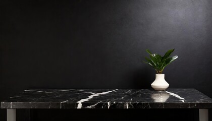 Wall Mural -  Empty table marble black countertop on black wall background 