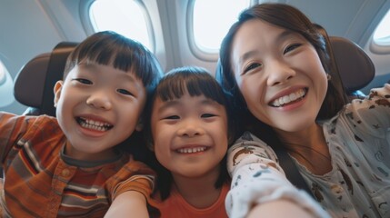Wall Mural - A joyful family of three including a woman and two children seated on an airplane smiling and taking a selfie with other passengers visible in the background.