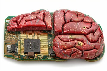 Poster - Composite image of human brain halves enhanced with electronic components, depicting the hybrid nature of modern neuroscience