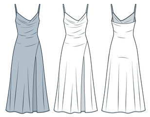 Halter Dress technical fashion illustration. Straps Dress fashion flat technical drawing template, front slit, side zip-up, maxi length, front and back view, white, blue, women Dress CAD mockup set.