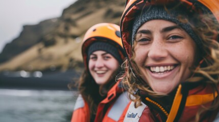 Two smiling women wearing helmets and jackets, enjoying an outdoor adventure together, with a scenic mountainous background.