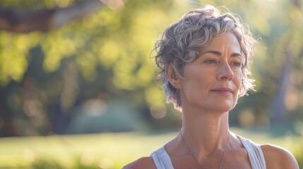 Sticker - A woman with short wavy gray hair wearing a white tank top standing in a blurred natural setting with a soft warm light.