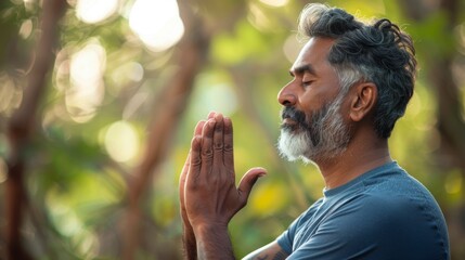 Canvas Print - Man with beard and closed eyes hands clasped in prayer standing in natural light with blurred greenery in background.