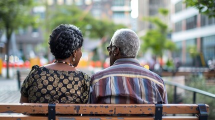 Sticker - Elderly couple sitting on a bench enjoying a moment of tranquility in a city park.