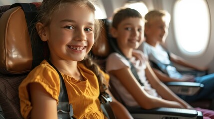 Sticker - A young girl with a big smile sitting in an airplane seat looking at the camera with her seatbelt fastened and two other children in the background.