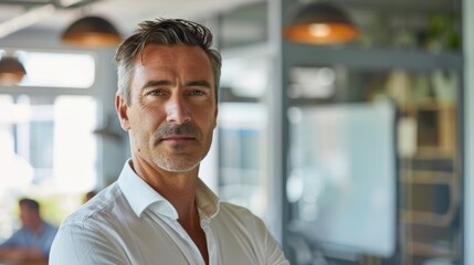 Poster - A middle-aged man with graying hair wearing a white shirt standing in a modern office with a thoughtful expression.