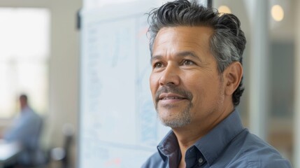 Poster - A man with a beard and graying hair wearing a blue shirt smiling and looking to the side in an office setting with a whiteboard in the background.