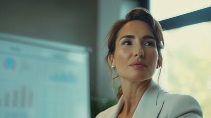 Poster - A poised woman in a white blazer with a confident gaze standing in front of a presentation board with graphs and charts suggesting a professional setting.