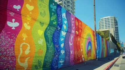 Wall Mural - A rainbow is painted on the street and people are walking on it