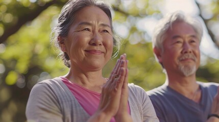 An elderly Asian couple standing side by side smiling and clasping their hands together with a blurred background of trees and sunlight suggesting a peaceful moment of togetherness.