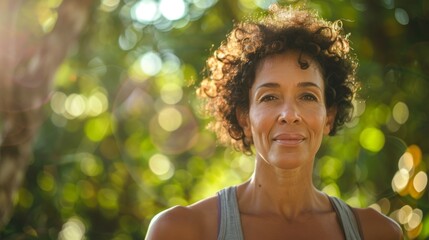 Wall Mural - A woman with curly hair smiling standing in a sunlit forest with bokeh effect.