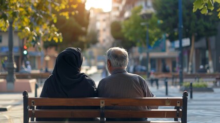 Wall Mural - An elderly couple sitting on a park bench enjoying a peaceful moment together in a city setting with trees and a street in the background.