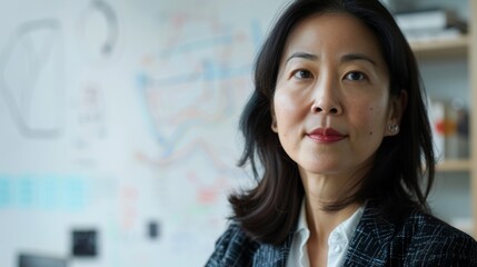 Poster - Asian woman with dark hair wearing a blue blazer looking directly at the camera with a slight smile standing in front of a whiteboard with various drawings and notes.