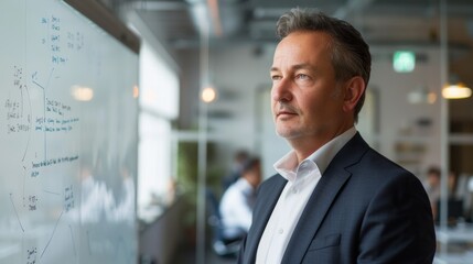 Poster - A man in a suit standing in front of a whiteboard filled with notes appears deep in thought or preparing for a presentation.