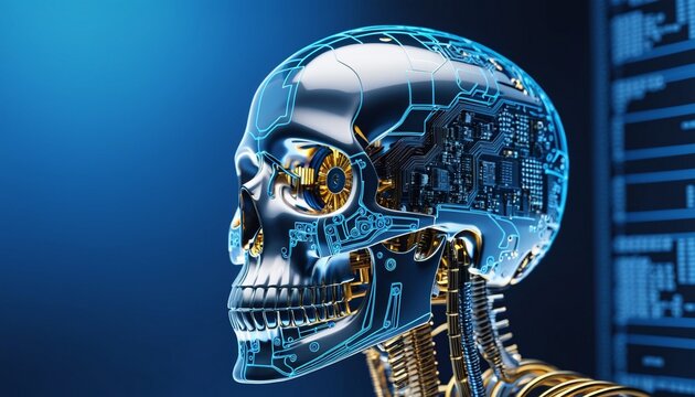 3d human head skull. AI Artificial Intelligence. Cyborg man using AI technology for data analysis. Upgraded human skull, technology concept.