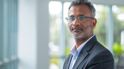 Poster - A man in a suit with glasses standing in a well-lit room with a blurred background exuding a professional and confident demeanor.