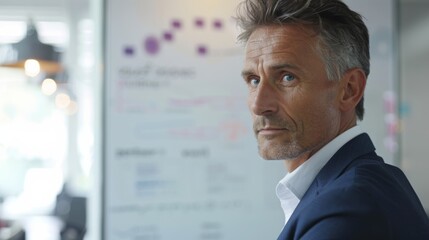 Sticker - A man with graying hair and a serious expression wearing a dark suit and white shirt standing in front of a whiteboard with writing on it possibly in an office setting.