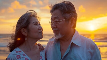 Wall Mural - An elderly couple gazing into each other's eyes at sunset on a beach with the warm glow of the setting sun illuminating their faces.