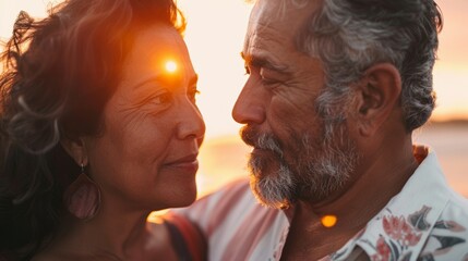 Wall Mural - A tender moment between two people silhouetted against a warm sunset with the sun's rays creating a halo effect around their heads.