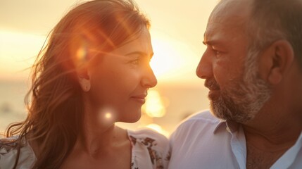 Wall Mural - A man and woman sharing a tender moment during a beautiful sunset their faces lit by the warm glow of the setting sun.