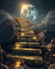 Gold bars stacked to form a staircase leading to the moon, Illustrating the path to financial success through investments