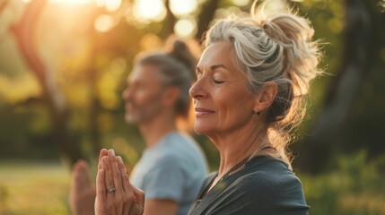 Wall Mural - A serene moment of two people practicing mindfulness or meditation in a natural setting both with closed eyes and hands together in a prayer gesture.