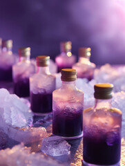 Glass bottles with purple liquid surrounded by ice in a mystical setting.