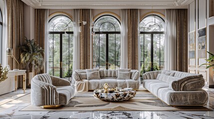 a luxurious living room adorned with plush velvet sofas, marble accents, and intricate gold detailin