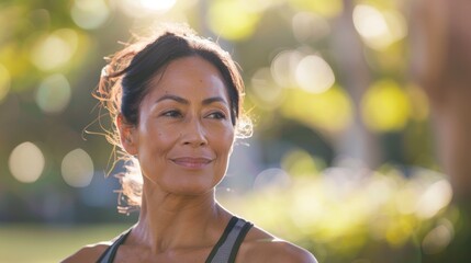 Wall Mural - A woman with a radiant smile standing in a park with sunlight filtering through the trees creating a warm and serene atmosphere.