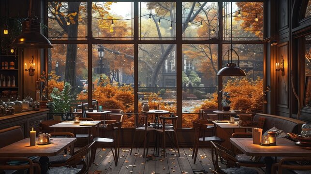 A cozy coffee shop with large windows overlooking the autumn forest, featuring rustic wooden furniture and warm lighting. Generative AI.