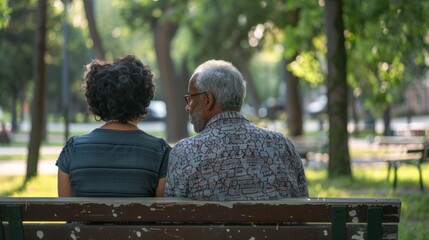 Wall Mural - An elderly couple sitting on a park bench enjoying each other's company in a serene tree-lined setting.