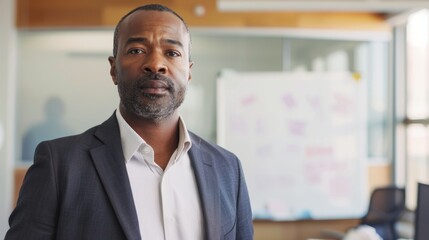 Sticker - A man in a suit standing in an office with a whiteboard in the background.