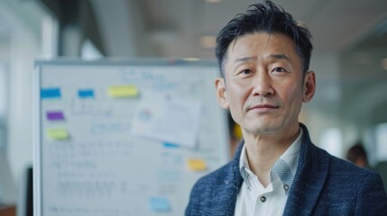 Poster - Asian man in business attire standing in frontof a whiteboard with notes and sticky notes.