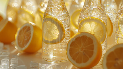 Wall Mural - Close-up of lemon slices in bottles with sparkling water and ice cubes.