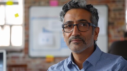 Wall Mural - A man with a beard and glasses wearing a blue shirt standing in an office with a whiteboard in the background.