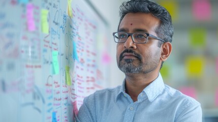 Sticker - A man with a contemplative expression wearing glasses standing in front of a whiteboard filled with notes and colorful sticky notes suggesting a brainstorming session or a meeting in progress.