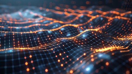 Futuristic digital technology network with science background. Abstract blue tech concept, geometric grid, mesh wave space. Connection line wallpaper, data particle dot. Big