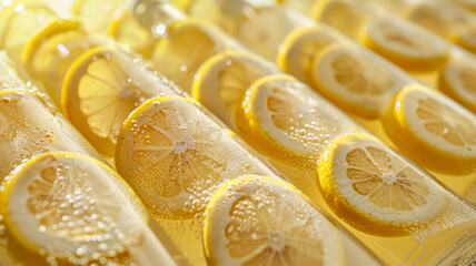 Wall Mural - Close-up of lemon slices in a carbonated beverage.