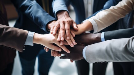 A group of multiracial business people joining their hands together over white background, Unity and teamwork concept.