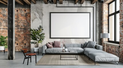 Interior design room with white frame wall decor. Modern sofa, floor style furniture, home background. Living house poster picture, nobody empty canvas concept. Apartment