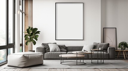 Wall Mural - Interior room design with modern white frame. Sofa wall, floor style furniture background. Home living poster decor, blank picture template, art canvas house. Identity image