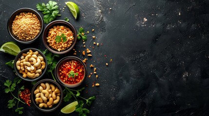 Wall Mural - A black background with a variety of nuts, spices, and limes in bowls