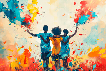Three african or afro american friends embrace in a vibrant field of colourful splashes, symbolizing unity and joy