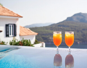 Canvas Print - Fresh iced cocktails stand edge of pool in Mediterranean island holiday resort. Summer, holiday concept	