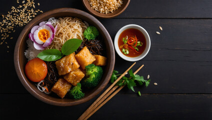 Image of typical Asian food on a black wooden table 2