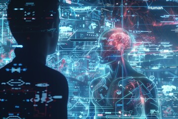 Wall Mural - Digital intelligence brain, human science technology. Mind ai artificial network, computer innovation. Business background data concept, information cyber machine. Abstract
