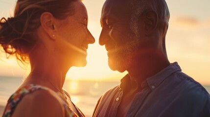 Wall Mural - A couple sharing a warm affectionate moment at sunset on a beach their faces lit by the soft glow of the setting sun.