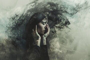 Wall Mural - Female beauty face, woman person portrait. Young dark adult caucasian hair fashion. Sad one white loneliness, sensuality depressed lady brunette. Sadness pretty human,