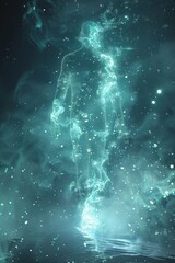 Wall Mural - a glowing translucent fluorescent, minimal outline of a human dissolving and disappearing into parti